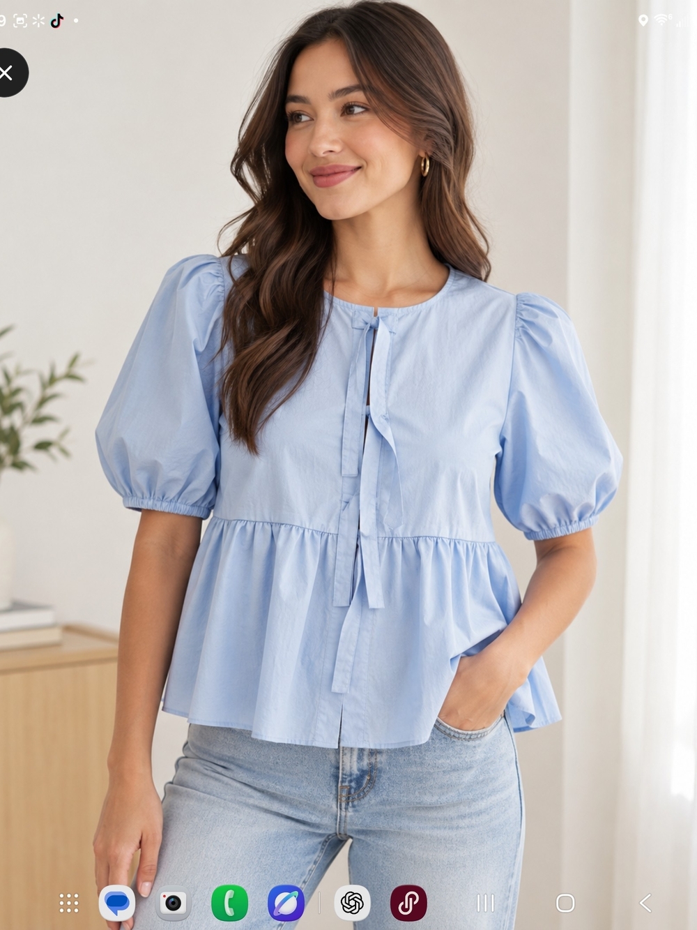 Sky Blue Puff Sleeve Peplum Blouse with Tie Front